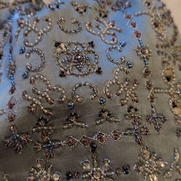 NWT Megan Park handmade beaded silk drawstring bag light blue - Picture 3 of 13